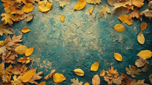 Autumn Leaves on Teal Background, Fall Season Colors and Textures Inspiration