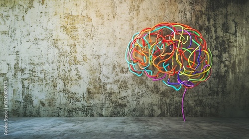 Abstract colorful wires shaped like a human brain stand against a textured grunge wall in a minimalist interior design concept ideal for psychology neurology or creativity themes.