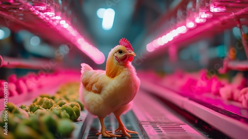 Young chick stands in modern, pink-lit farm setting