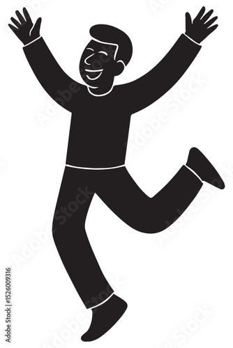 Silhouette of a man doing a joyful side kick with arms lifted high