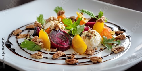 Gourmet roasted beet and cheese salad with walnuts and balsamic glaze