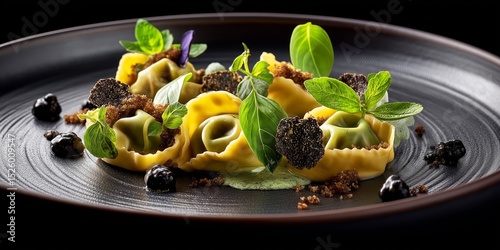 Gourmet handmade ravioli with herbs truffle and sauce in fine dining