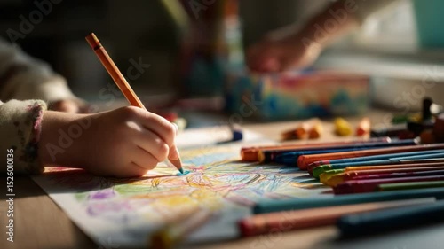 Colorful creations: Capture the vibrant energy of childhood with a close-up perspective of a child's hands immersed in the world of creativity, wielding colored pencils and bringing a drawing to life.