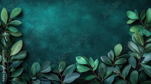 Emerald Green Textured Background with Leaf Branches, Natural, Calming and Inspiring