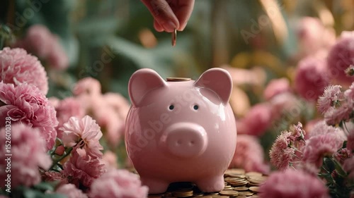Saving for Blooming Future: A hand gently places a coin into a pink piggy bank, surrounded by lush blooms, symbolizing growth, prosperity, and the beautiful rewards of prudent financial planning.