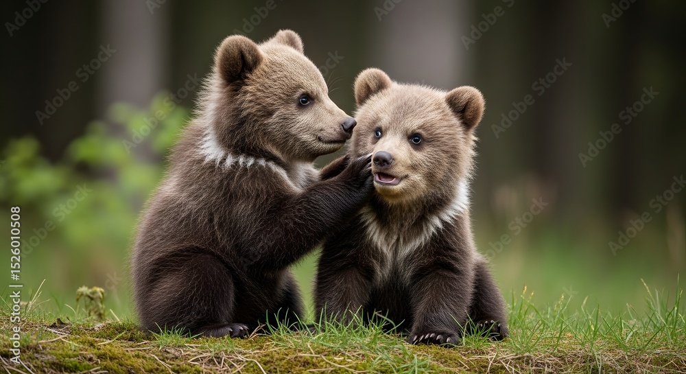Fototapeta premium Two Adorable Brown Bear Cubs Playing in the Forest