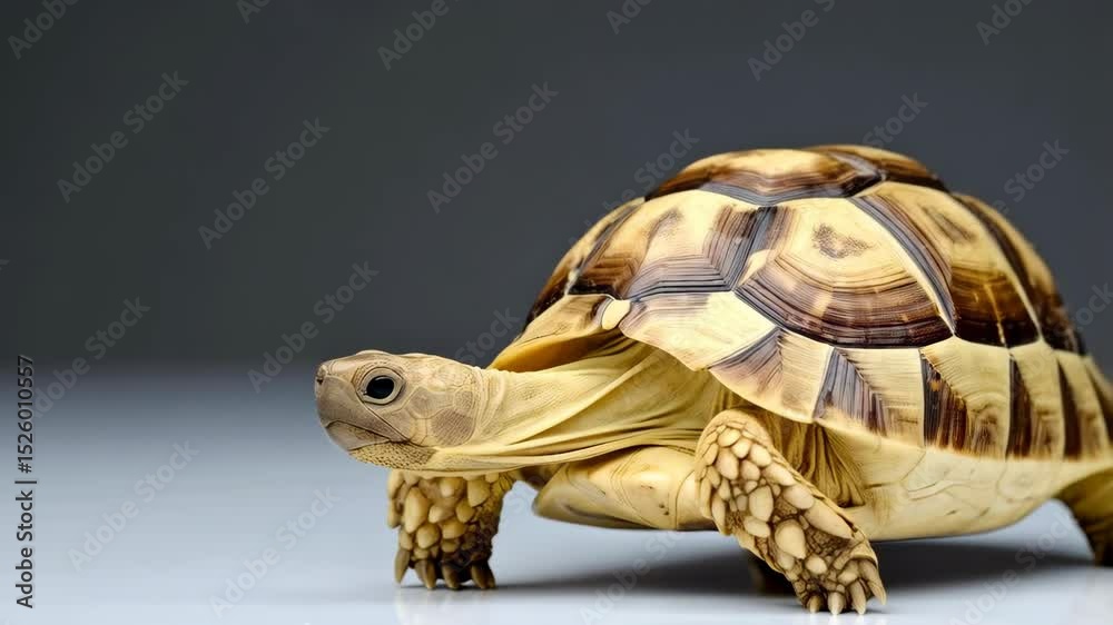 Close-up of a light brown tortoise with detailed shell and textured skin, isolated on a simple gray background.