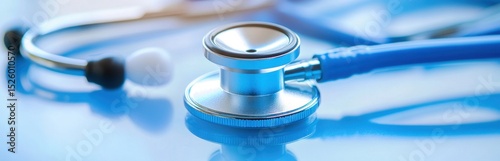 Close-up view of a blue stethoscope resting on a reflective surface, surrounded by soft lighting, symbolizing medical examination and healthcare readiness.