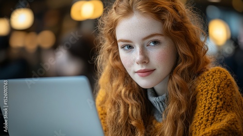 Young redhead woman with laptop, cafe setting