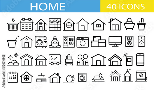 Collection of 40 simple home icons representing various household objects and elements