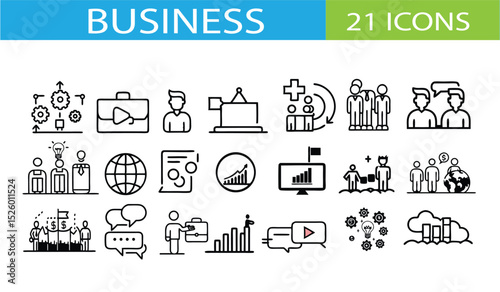 Set of twenty one business icons representing finance leadership teamwork and global connections