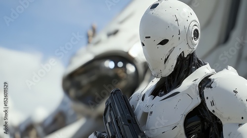 White Future Robot Soldier With Weapon, Futuristic Protector In Modern World