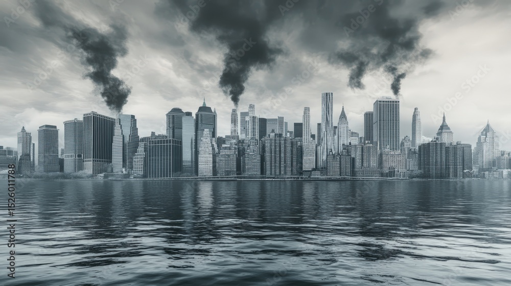 Naklejka premium Skyline Smoke Pollution. Cityscape with Dark Clouds and Smoke from Buildings, Environmental Impact