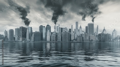 Skyline Smoke Pollution. Cityscape with Dark Clouds and Smoke from Buildings, Environmental Impact