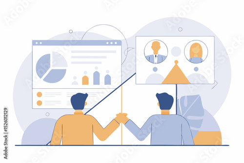 business man and woman with graphic and work result presentation with media social gadget