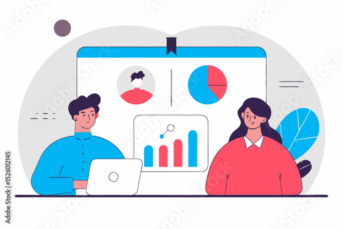 business man and woman with graphic and work result presentation with media social gadget