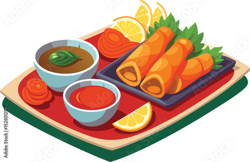 Delicious Spring Rolls with Sauces and Citrus Fruit on a Tray