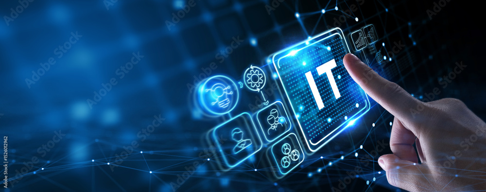 Naklejka premium IT consultant presenting tag cloud about information technology.