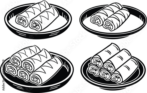 Black and White Spring Rolls on Plates Asian Food Illustration