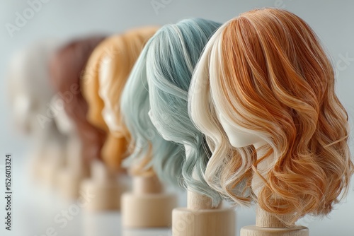 Row of Mannequin Heads with Wavy Wigs: Profile View, Various Hair Colors, Hairdressing Concept, Salon Showcase