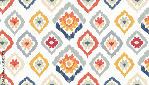 Floral Ikat Ethnic Tribal Seamless Pattern with Handcrafted Textures – Traditional Textile-Inspired Design