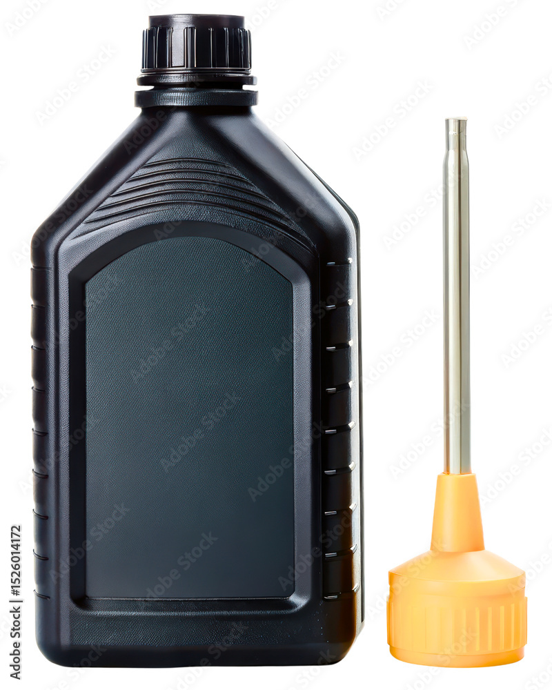 Fototapeta premium Black plastic oil container with yellow funnel used for car maintenance on a transparent background