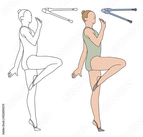 Young girls professional rhythmic gymnasts performing exercises with clubs. Sportswomen and equipment in doodle style. Colored hand drawn vector illustration on white backgroun. Vector