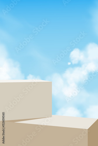 Stand on Sky Blue,Cloud Background with Light on Brown Podium Platform Step for Cosmetic Product,Vector Minimal 3d Display for Autumn,WInter Banner Design