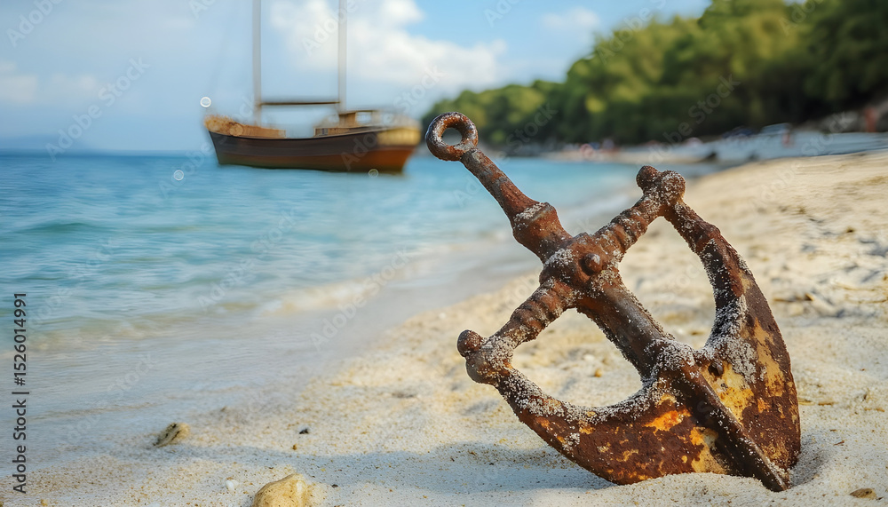 Fototapeta premium old rusty anchor on a quiet beach