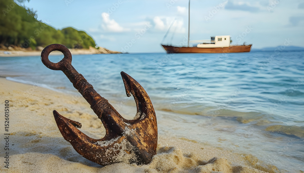 Fototapeta premium old rusty anchor on a quiet beach