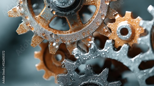 Interlocking gears, wet and rusty