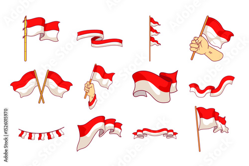set of Indonesian waving flags and ribbons element illustration