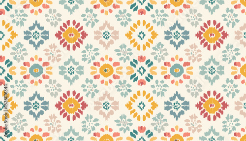Floral Ikat Ethnic Tribal Seamless Pattern with Handcrafted Textures – Traditional Textile-Inspired Design