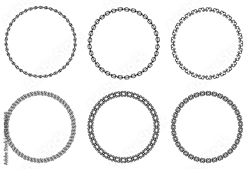 Set of decorative vintage openwork circle frames. Classic style chain pattern. Ornate fishnet round frames border isolated on white background. Vector