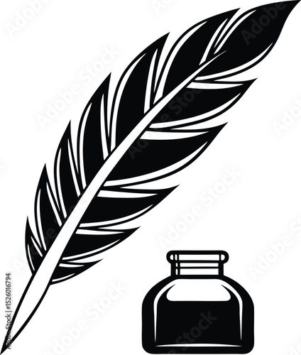 Quill icon, ink bottle, silhouette vector