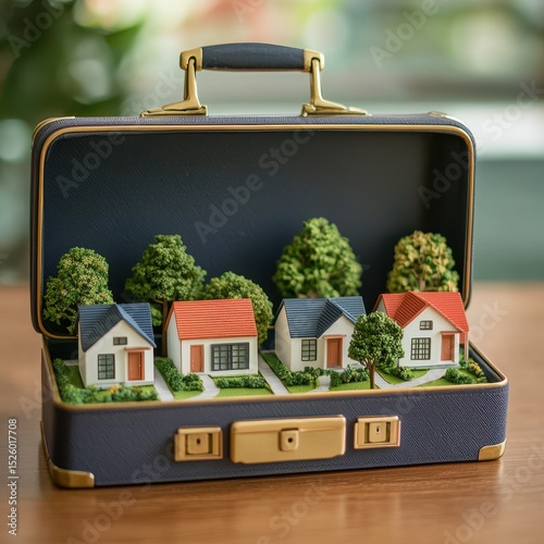 High Conviction Investment Concepts. A miniature neighborhood with small houses and trees is creatively displayed inside an open briefcase on a wooden surface.