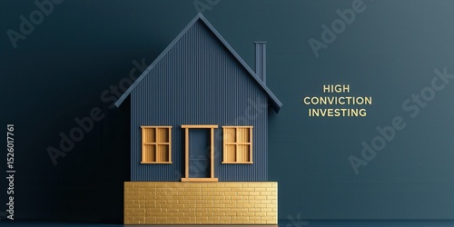 A minimalistic model house with a brick foundation against a dark blue wall featuring the text 