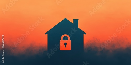 Silhouette of a house with a padlock symbolizing home security against a warm, gradient orange background.