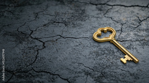 A vintage golden key lies on cracked, dry earth, symbolizing access, opportunity, and hidden potential in a barren, textured environment.