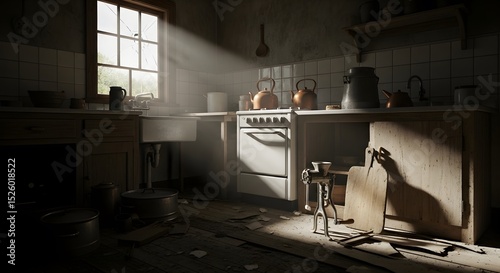 Sunlit Rustic Kitchen: A Moment of Stillness