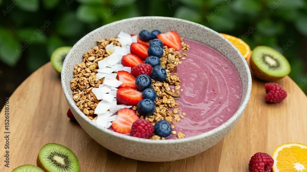 Vibrant smoothie bowl with fruits and granola on wooden table