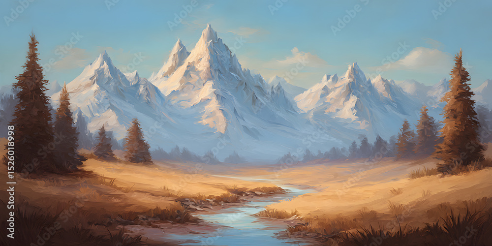 Obraz premium Majestic Mountain Landscape with Meandering River and Wildflowers