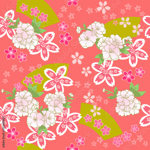 桜尽くしの和風シームレスベクター素材(サーモンピンク)