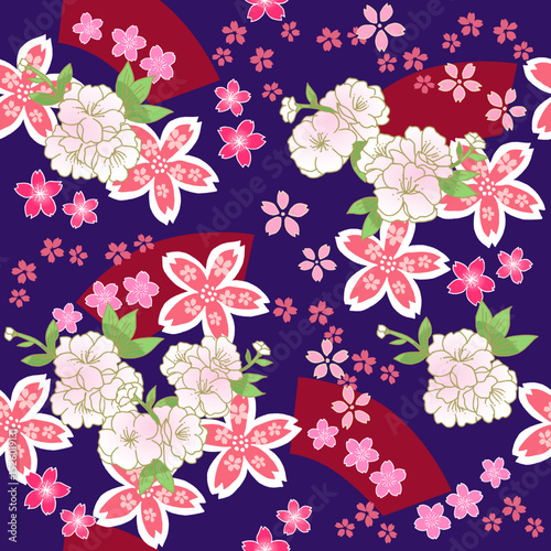 桜尽くしの和風シームレスベクター素材(紺色)