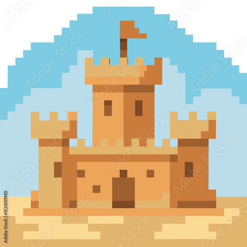Sandcastle in pixel art style, beach setting with clear blue sky