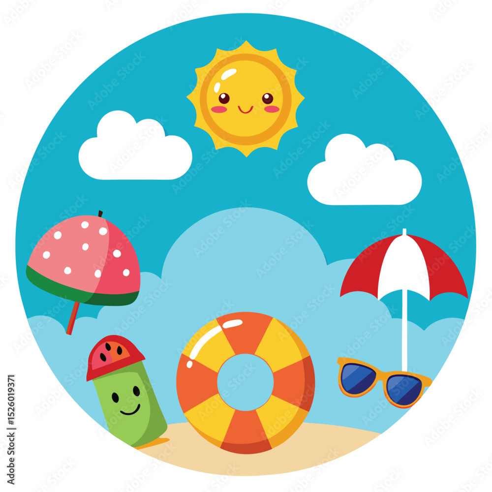 Cartoon Beach Illustration with Sun, Clouds, Umbrella, Life Preserver, and Sunglasses Cartoon Beach Illustration with Sun, Clouds, Umbrella, Life Preserver, and Sunglasses
