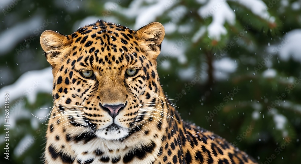 Fototapeta premium Majestic Leopard Portrait in a Snowy Winter Forest