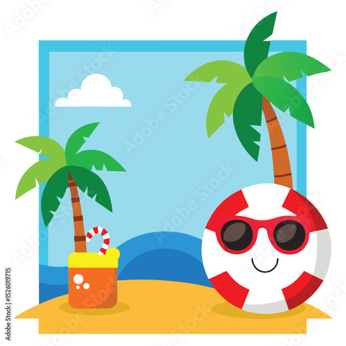 Cartoon Beach with Palm Trees, Drink, and Cool Life Preserver Wearing Sunglasses