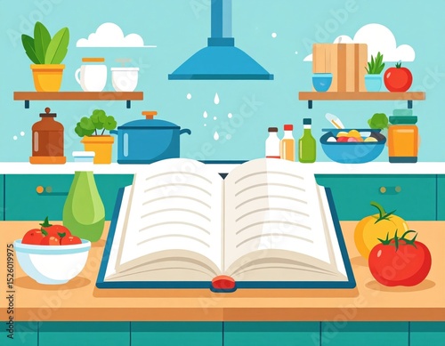 Open Cookbook In Modern Kitchen Illustration