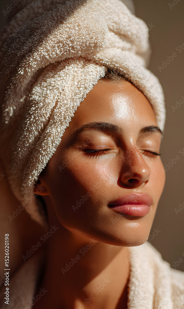 Obraz premium Serene beauty woman with towel on head enjoying sunlight indoor a moment of relaxation and self care